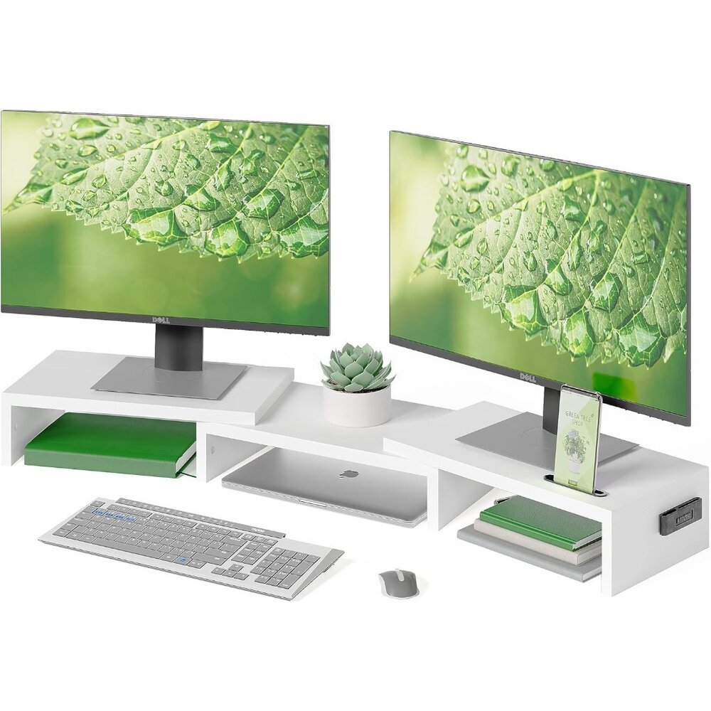 Dual Monitor Stand Riser with Smartphone Holder, Adjustable Length & Swivel Angl